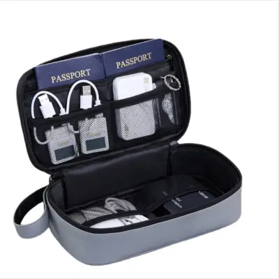 Travel Portable Electronics Organizer Pouch - Lightweight PU Tech Storage Gray