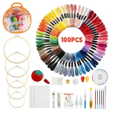 DIY komplet za vezenje z 100 barvami poliester niti in 5 bambusnimi obroči