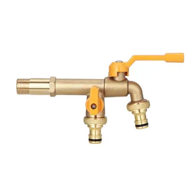 Podaljšana medeninasta vrtna pipa z rumenim ročajem - dvojna iztočna armatura