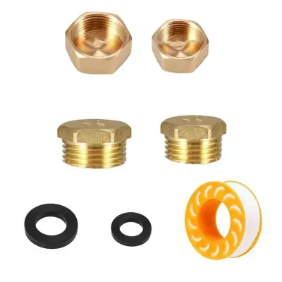 Komplet medeninastih čepov za cevi - 8 čepov, PTFE trak in 4 podložke