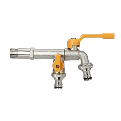 Podaljšana medeninasta vrtna pipa - dvojni hitri priključek, rumeno prevlečena