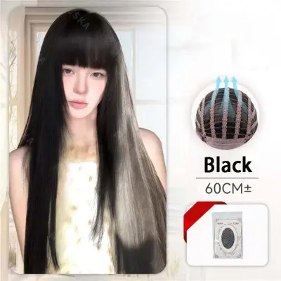 Polna dolga ravna lasulja 60cm z kapa - visoka temperaturna vlakna Black