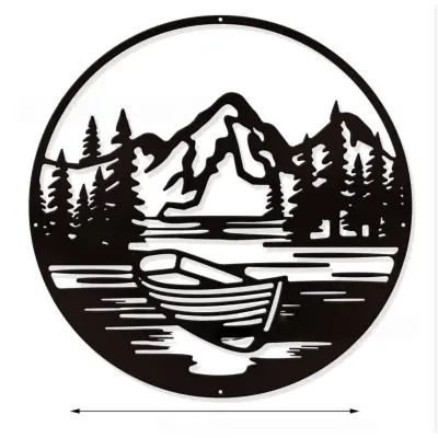 Črna kovinska silhueta gora in jezero stenska umetnost, okras iz železa