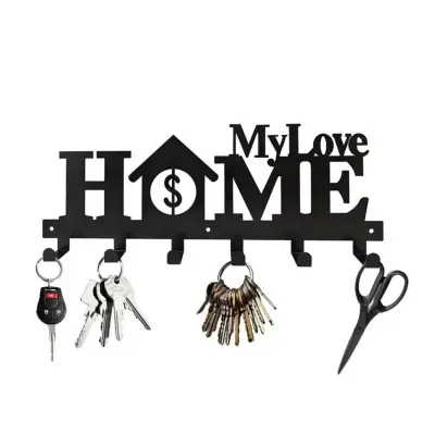 Črna Kovinska HOME Črka Dekorativni Stenski Držalni Stojalo za Ključe s Kljukami
