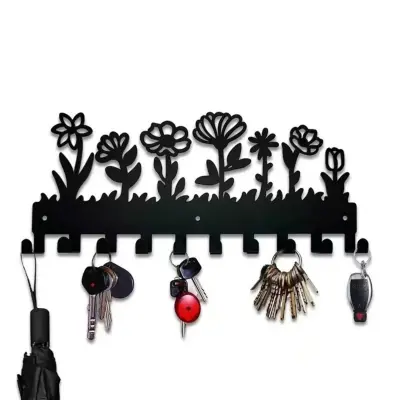 Črn Kovinski Okrasni Držalnik za Ključe - Stenski Železni Stojalo z 8 Kljukami