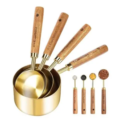 8-delni komplet zlatih merilnih žličk iz nerjavečega jekla z akacijevim lesom