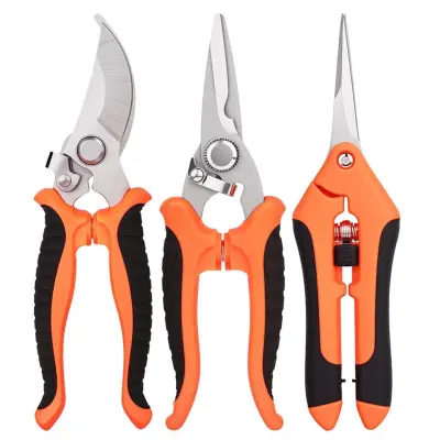 Garden Pruning Shears 3-Piece Set - Orange 3CR13 Stainless Steel Trimming Scissors
