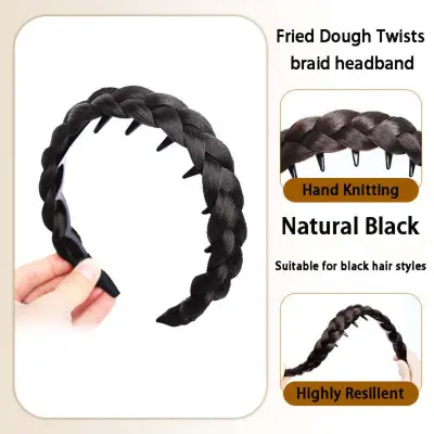 2-Pack Zigzag Fishtail Braid Headband With Teeth – Ročno pleten visok trak za lase, naraven videz Black