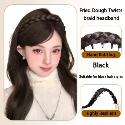 2-Pack Zigzag Fishtail Braid Headband With Teeth – Ročno pleten visok trak za lase, naraven videz Brown+Black