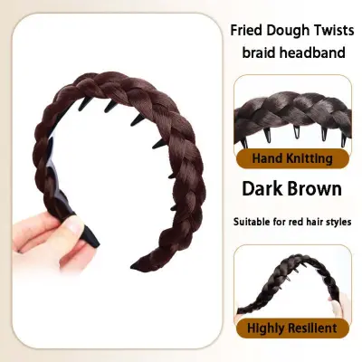 2-Pack Zigzag Fishtail Braid Headband With Teeth – Ročno pleten visok trak za lase, naraven videz DarkBrown
