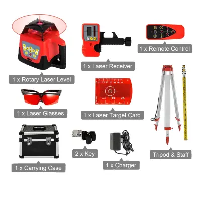 Rotacijska laserska raven z daljinskim upravljalnikom, 360-stopinjsko skeniranje, samoniveliranje ±5 stopinj, 500m doseg, rdeči žarek komplet 2