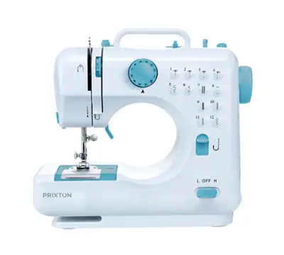 PRIXTON Mini Prenosna Šivalna Stroja P110, 12 Različnih vrst Šivov, Predal za Dodatke, Lučka in Pedal, Modra barva