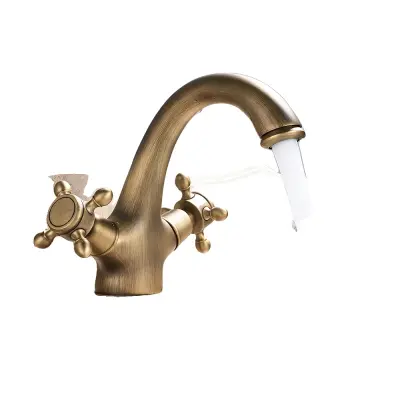 Antik kopalniški pipa, dvojna ročica, trajna keramična ventil, antik medenina