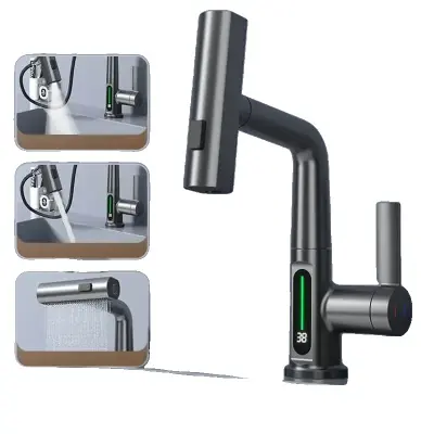 Pametni digitalni prikaz umivalni pipa, občutljiva na temperaturo, funkcionalnost izvlečenja, siva