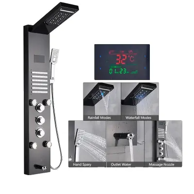 LED tuš panel, termostatska pipa, nastavljivi vodni načini, črna 8004