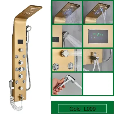 LED tuš panel, sodoben dizajn, SPA masažni curki, pameten prikaz temperature, zlato 8009