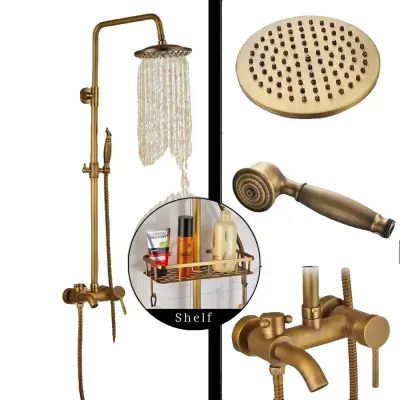 Luksuzni mešalni pipa za tuš, 200mm mesingasta tuš glava, nastavljiva višina 700mm-1200mm, antikna s policem
