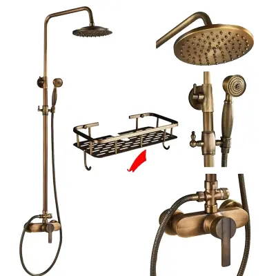 Antični medeninasti tuš pipa set, vroče in hladne pipe, eleganten brušen zaključek, Tape E z policami