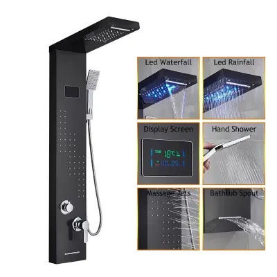 Plošča za tuširanje, LED slap, digitalni prikaz temperature, masažni curki, črna 8012