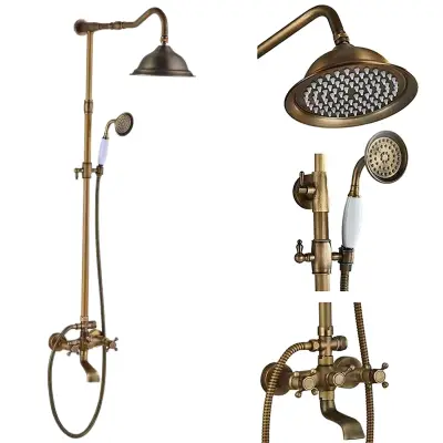 Set tuša z dežjem, zaključek v starinskem mesingu, ročni tuš, nastavljiva višina, starinski mesing A