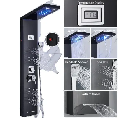 LED tuš panel, občutljiv na temperaturo, masažni curki, 8024 črn LED