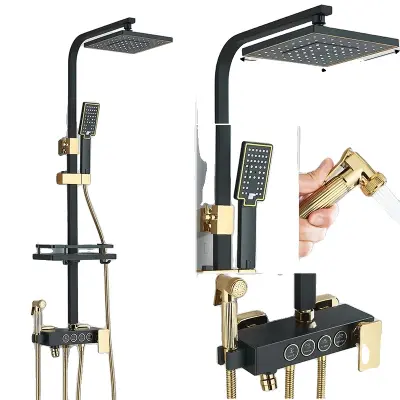 Kvadratni dežni tuš set, termostatska kontrola, stilna črna zlata obdelava, 4 način črna zlata