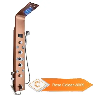 Tuš panel, LED luči, dvojna kontrola temperature, 8009 rožnato zlato