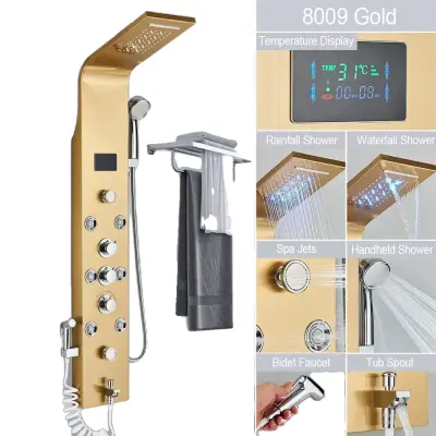 Sistem tuš panela, LED prikaz pretoka vode, trojna ročna kontrola, 8009 zlata