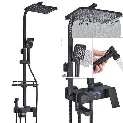 Digitalni prikaz tuš pipa, termostatska kontrola, nastavljiva višina 80-120 cm, črna vroča hladna