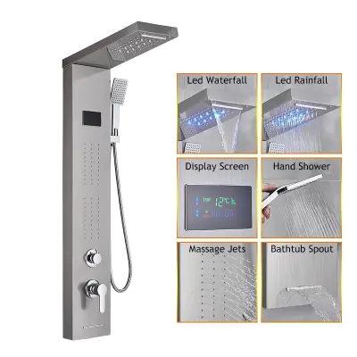 Plošča za tuširanje, LED slap, digitalni prikaz temperature, masažni curki, brušeni nikelj 8011