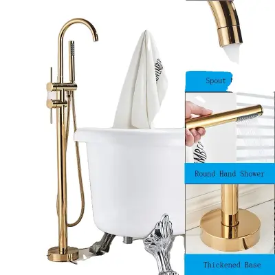 Prosto stoječa kopalna kad pipa, dvojna ročna kontrola, eleganten dizajn, poliran zlati