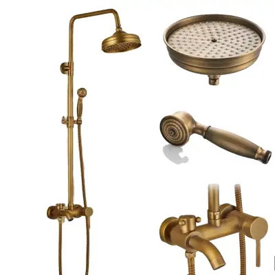 Luksuzni mešalni pipa za tuširanje, 200mm mesingasta tuš glava, nastavljiva višina 700mm-1200mm, starinsko mesing A02