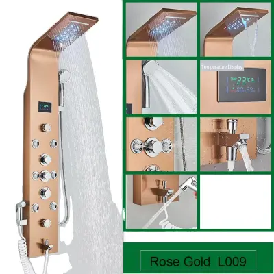 LED tuš panel, sodoben dizajn, SPA masažni curki, pameten prikaz temperature, rožnato zlato 8009