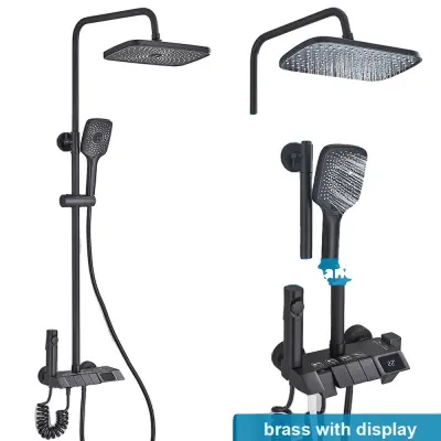 Tuš pipa z digitalnim zaslonom, enoročna kontrola, medeninasta obdelava, črn zaslon