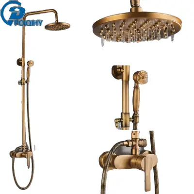 Antikno medeninasto deževno tuš set, nastavljiva višina, trpežen keramični ventil, tip A