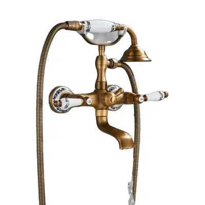 Kopalna tuš pipa, dizajn z dvema ročajema, konstrukcija iz mesinga, Antik medenina
