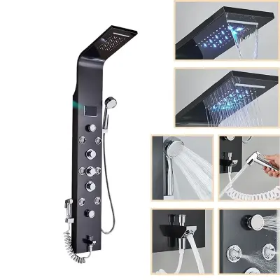 Tuš panel, slapni tuš, mešalni pipa za vročo in hladno vodo, črna 8009