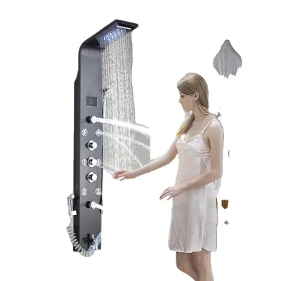 LED tuš panel, vodopadni dizajn, 6 funkcij, črn 8009