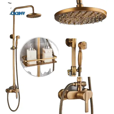 Antikno medeninasto deževno tuš set, nastavljiva višina, trpežen keramični ventil, tip A s policami