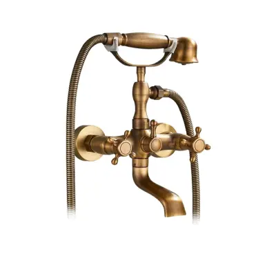 Antični medeninasti tuš pipa za kad, dvojna ročica za nadzor, poliran zaključek, Antik mesing A