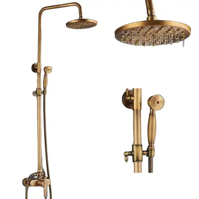 Antik medeninasti tuš pipa, 8-palčni celotni medeninasti tuš glava, nastavljiva tuš drsna palica, medeninasti ročaj A