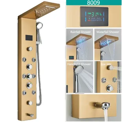 LED tuš pipa, digitalni prikaz temperature, sistem za masažo telesa, zlata 8009