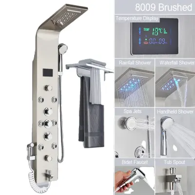 Sistem tuš panela, LED prikaz pretoka vode, trojna kontrola, 8009 brušen