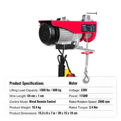 Električni dvigalec, kapaciteta 1320 lbs, žični daljinski upravljalnik, stikalo za nujno zaustavitev, 1320lbs