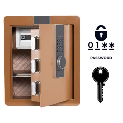 Oklepljen domači sef z elektronsko ključavnico in ključem, 45x38x32 cm, jeklo Q235, alarm, odstranljiva polica, rjav