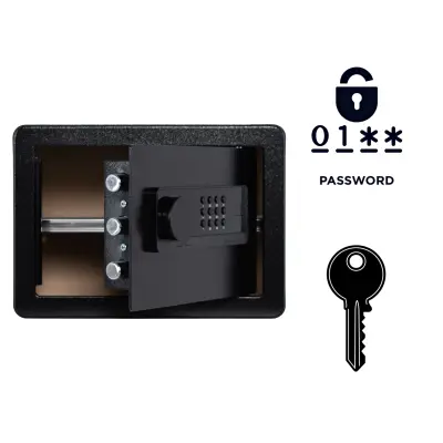 Oklepljen domači sef z elektronsko ključavnico in ključem, jeklena konstrukcija, alarm, 25x35x25 cm, črn, XA6-25