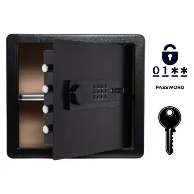 Oklepljen domači sef z elektronsko ključavnico in ključem, jeklo Q235, alarmni sistem, polica, 36x40x30 cm, črne barve