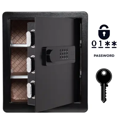 Oklepljen domači sef z elektronsko ključavnico in ključem, jeklena konstrukcija, alarm, 45x38x32 cm, črn, XA6-45