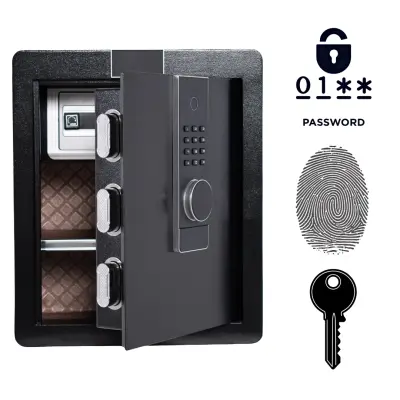 Biometrični sef na prstni odtis, elektronska koda in ključ, jeklen domači sef z alarmom, 45x38x32 cm, črn, PU usnje