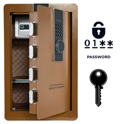 Oklepljen domači sef z elektronsko ključavnico in ključem, 60x38x33 cm, jeklen, alarmni sistem, odstranljiva polica, rjav
